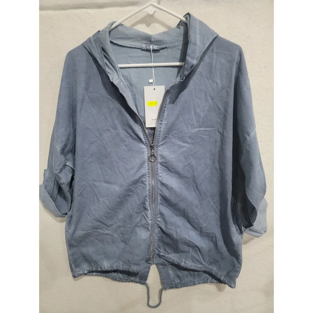 SIRELY'S Couture‎ Italy Blue Shredded Sequin Back Hood Jacket Boho Lagenlook OS